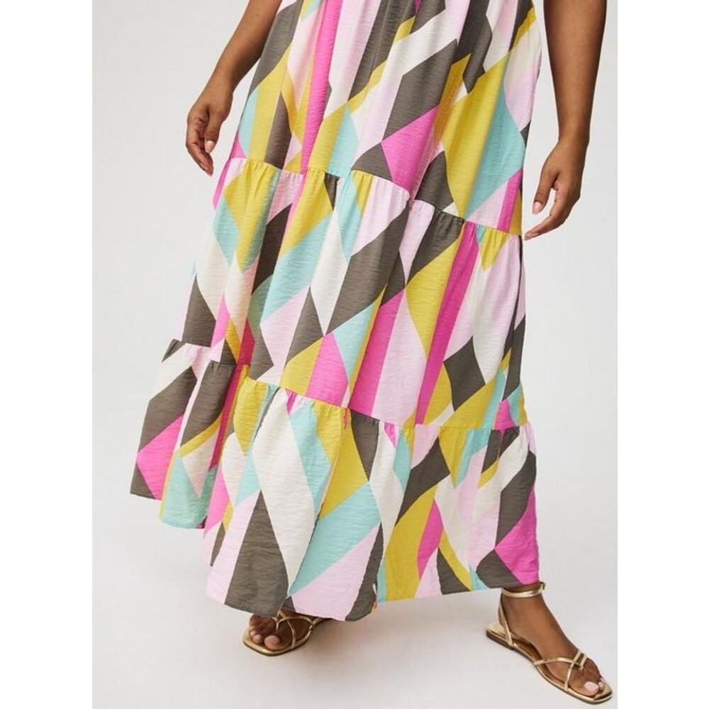 NWT Torrid 0 L 12 Giant Geo Tiered Maxi Dress Plus Pink Yellow Pockets - Picture 5 of 16